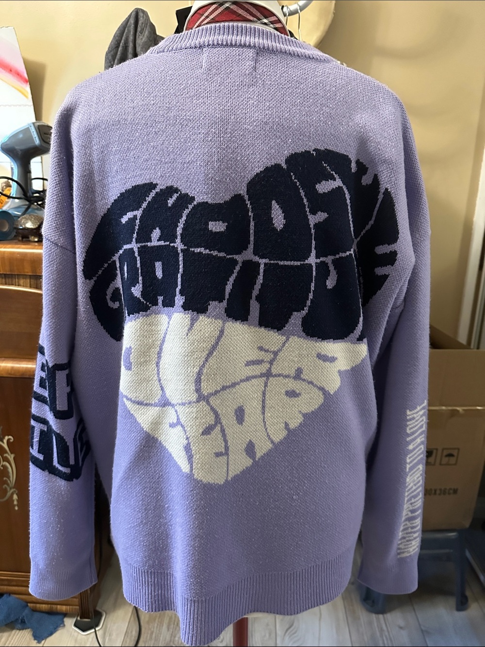 Lavender Graphic V‑Neck Button Cardigan Sweater